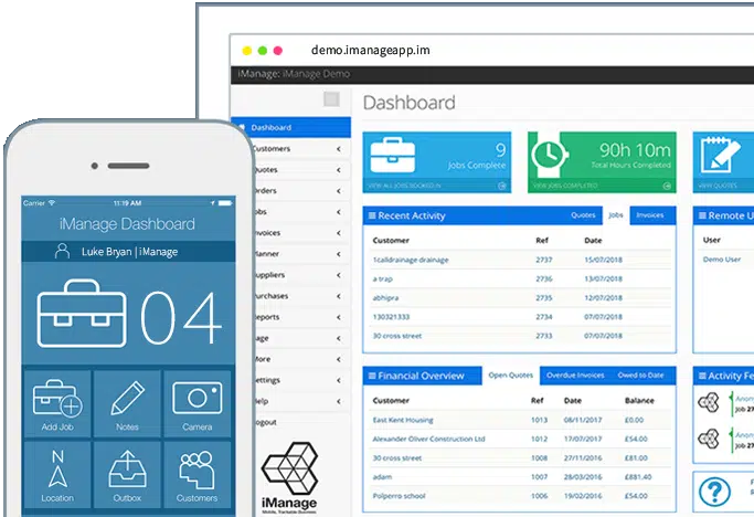 Home Onsite Pro phone and business management dashboard