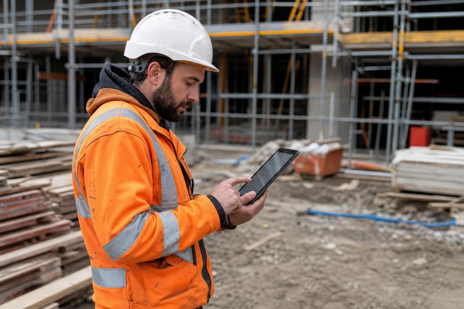 Construction worker in hard hat and orange high-vis using a digital tablet on a construction site