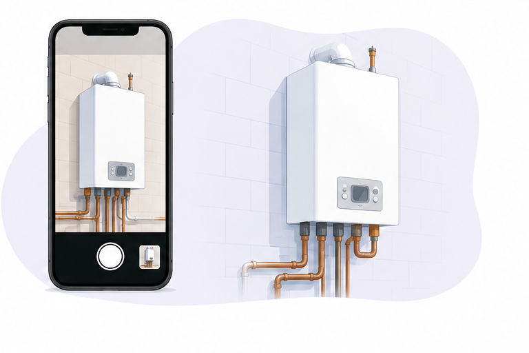 UK facilities engineer using the Onsite Pro mobile app to capture a photo of a wall-mounted boiler and copper pipework during a planned maintenance visit