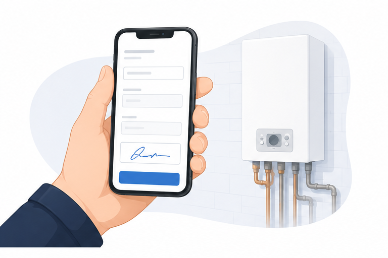 UK plumber capturing a customer signature on a smartphone after a boiler job, using the Onsite Pro mobile app